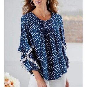 Soft Surroundings | Sonrisa Polka Dot Ruffle Sleeve Top Blue White Top | Size L